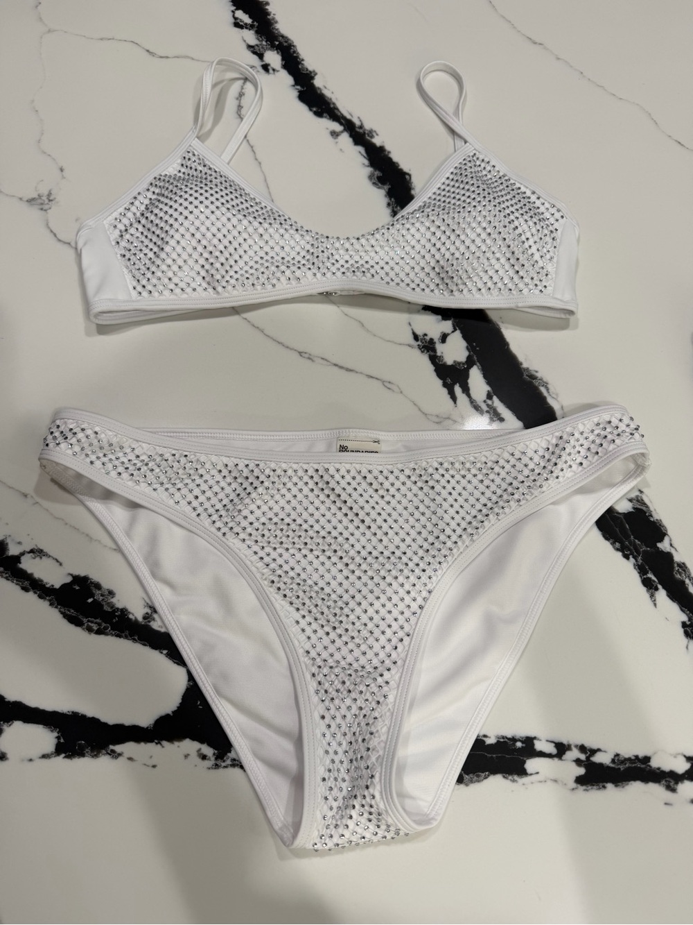 No Boundaries White Rhinestone Mesh Bikini Set